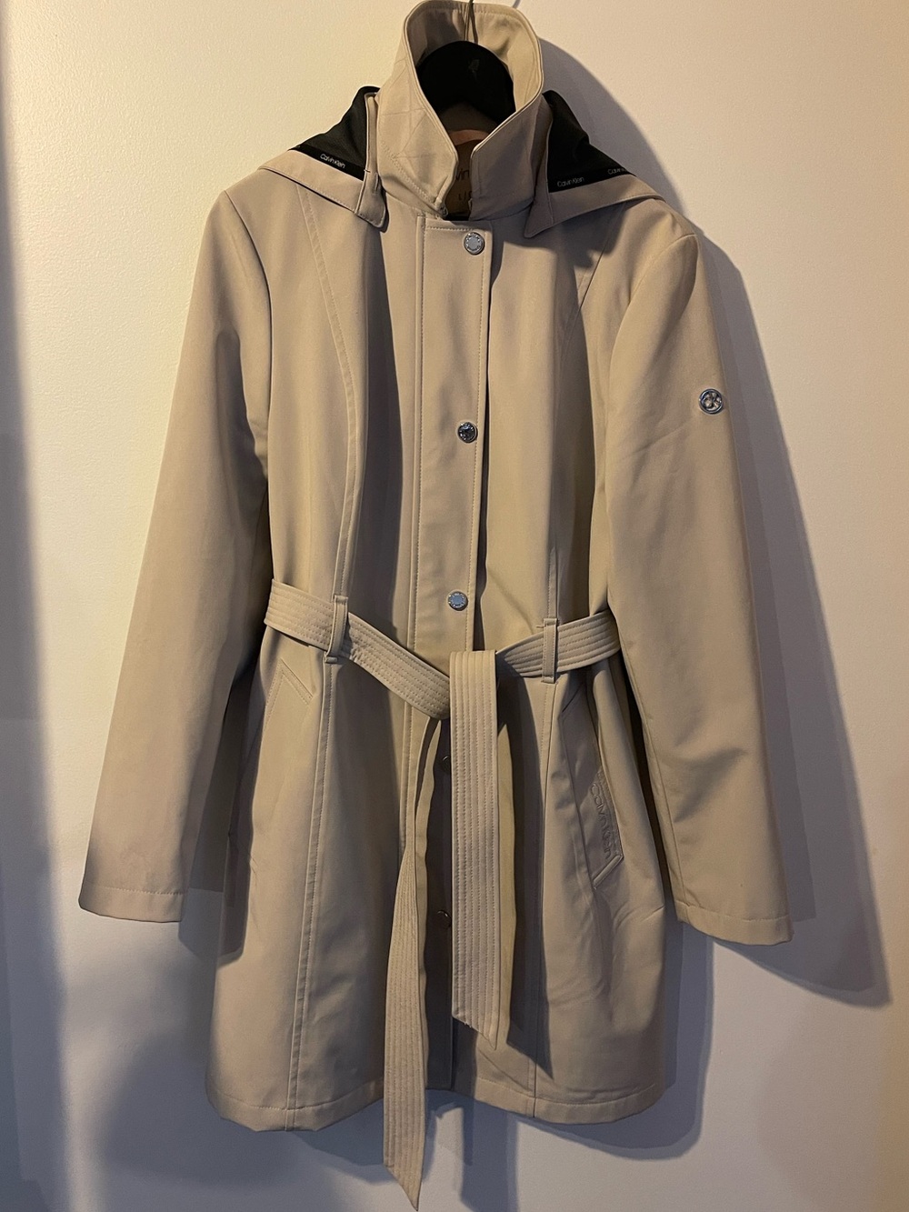 Calvin Klein Beige Softshell Belted Trench Coat Detachable Hood L